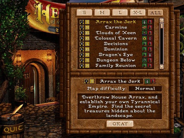 Menú del juego que muestra nombres de mapas, opciones de dificultad y descripción de misión en Heroes of Might and Magic II