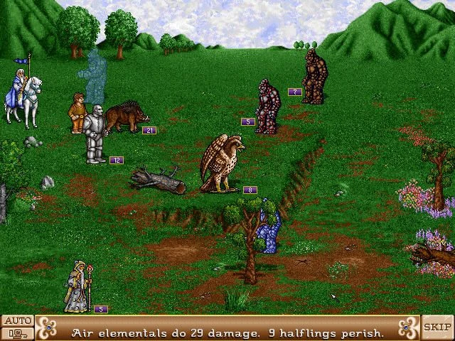 Pantalla de batalla táctica de Heroes of Might and Magic II con elementales de aire, golems, un grifo y un mago