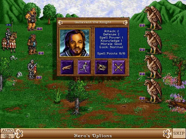 En Heroes of Might and Magic II se muestra el héroe Gallavant el Caballero con estadísticas de ataque, defensa y moral de sus unidades