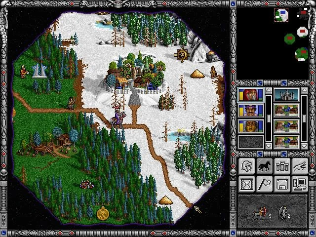 Vista aérea de un héroe viajando por terrenos nevados y boscosos con aldeas y caminos visibles en Heroes of Might and Magic II