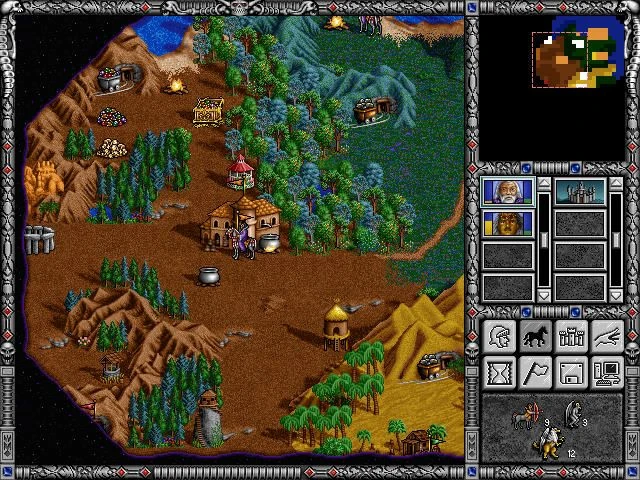 Captura de pantalla con la interfaz del juego, un héroe en un asentamiento rodeado de bosques, montañas y recursos en Heroes of Might and Magic II