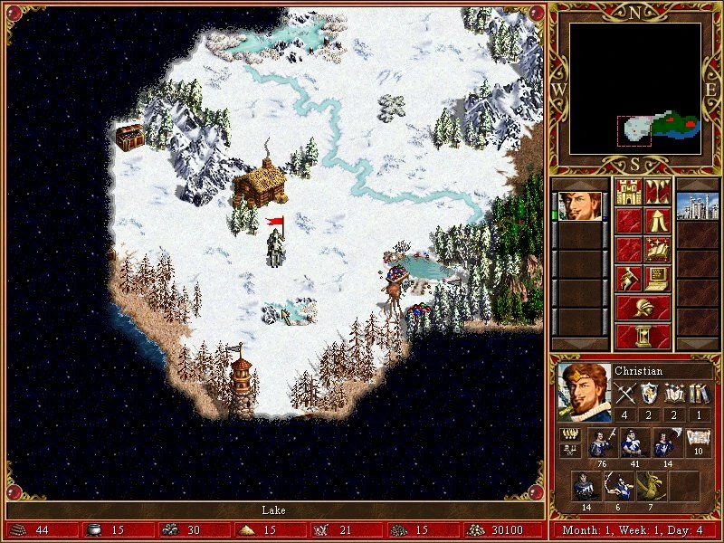 Interfaz de juego mostrando al héroe Christian en un mapa nevado con edificios, tesoro y mini-mapa en Heroes of Might and Magic III