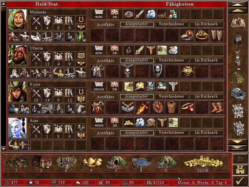Pantalla del juego con cuatro héroes, sus estadísticas, artefactos y unidades de ejército en Heroes of Might and Magic III