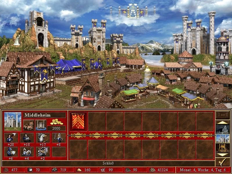 Captura de pantalla de Heroes of Might and Magic III mostrando una ciudad fortificada con castillo, edificios y panel de interfaz
