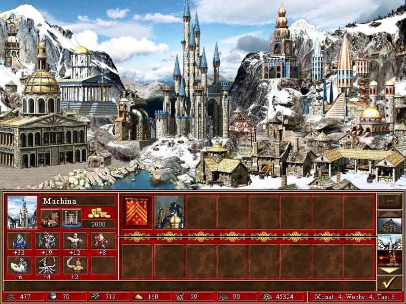 Vista de ciudad de invierno con edificios detallados, retrato de héroe y tropas en Heroes of Might and Magic III