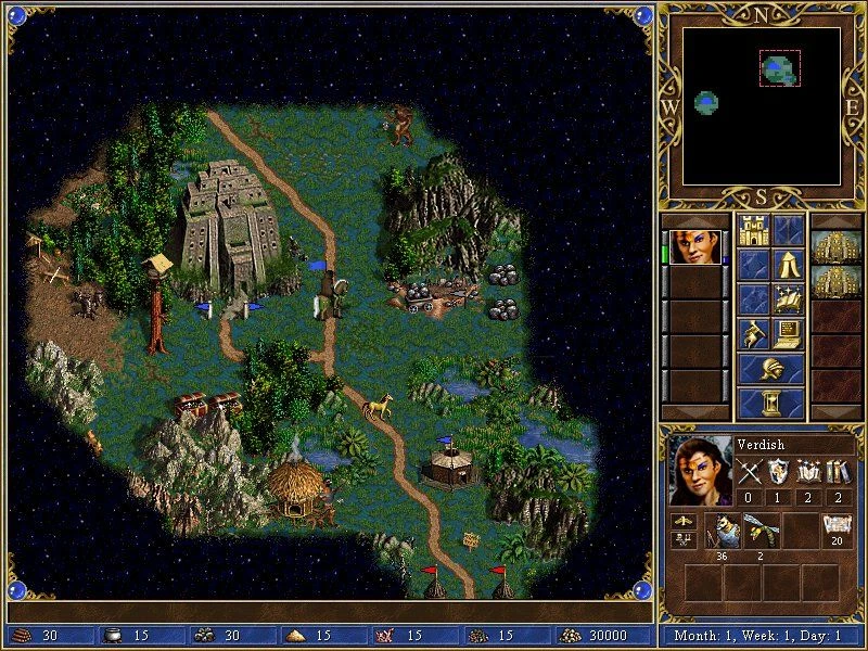 Mapa de jungla en Heroes of Might and Magic III con héroe Verdish y la interfaz mostrando recursos y unidades