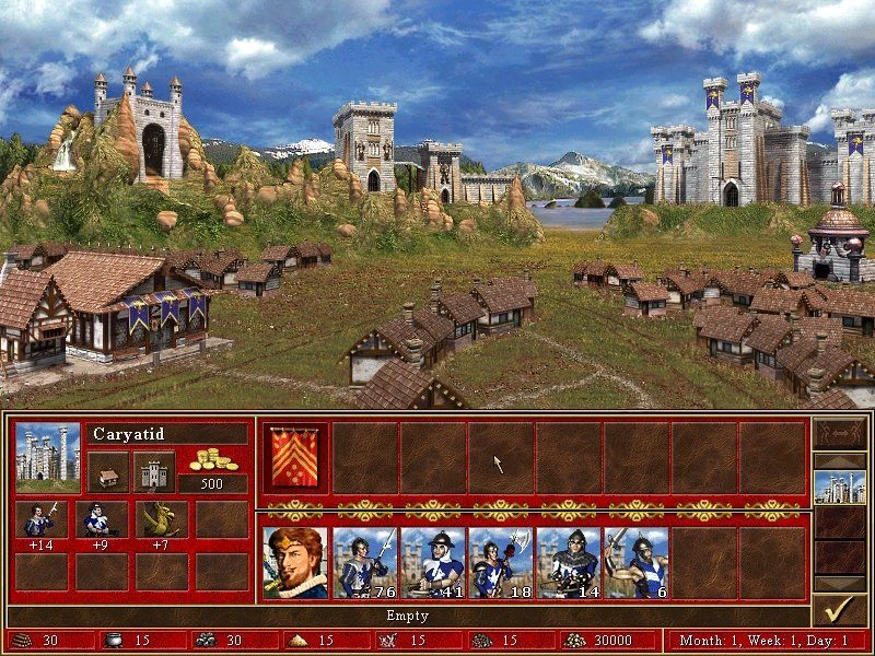 Pantalla del juego Heroes of Might and Magic III mostrando ciudad Caryatid con castillo, unidades de ejército y recursos