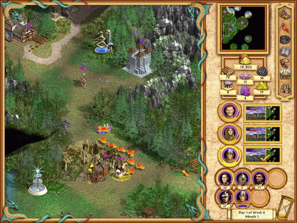Spieloberfläche mit Helden, die durch eine Waldkarte ziehen, mit Ressourcen- und Heldenanzeigen in Heroes of Might and Magic IV