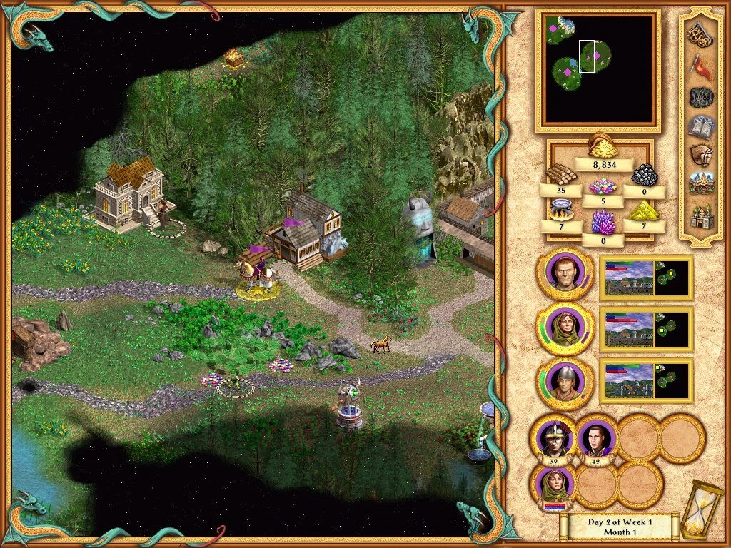 Spieloberfläche mit Helden und Ressourcen in der Nähe von Dorf und Wald in Heroes of Might and Magic IV