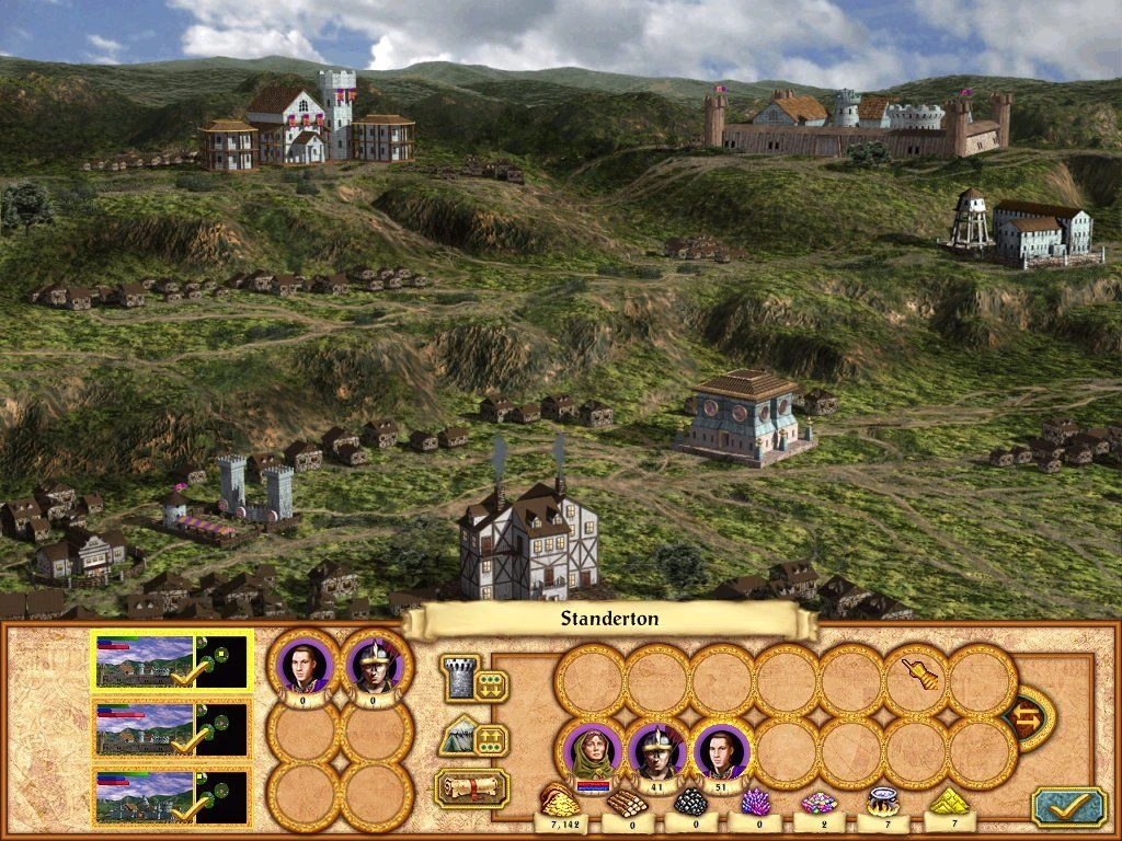 Spielinterface mit der Stadt Standerton umgeben von Hügeln mit Gebäuden und Straßen in Heroes of Might and Magic IV