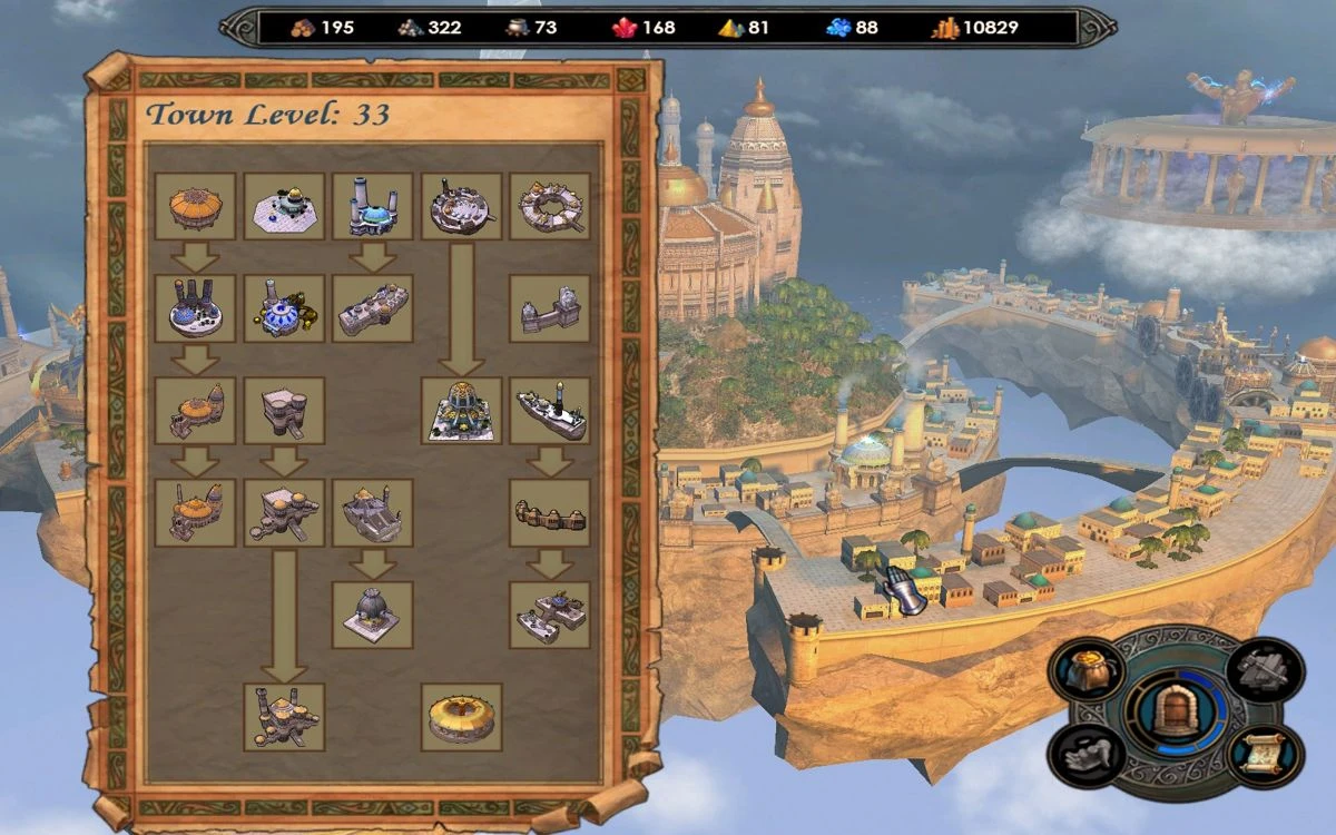 Скриншот уровня города 33 с путями улучшения зданий и ресурсами в Heroes of Might and Magic V
