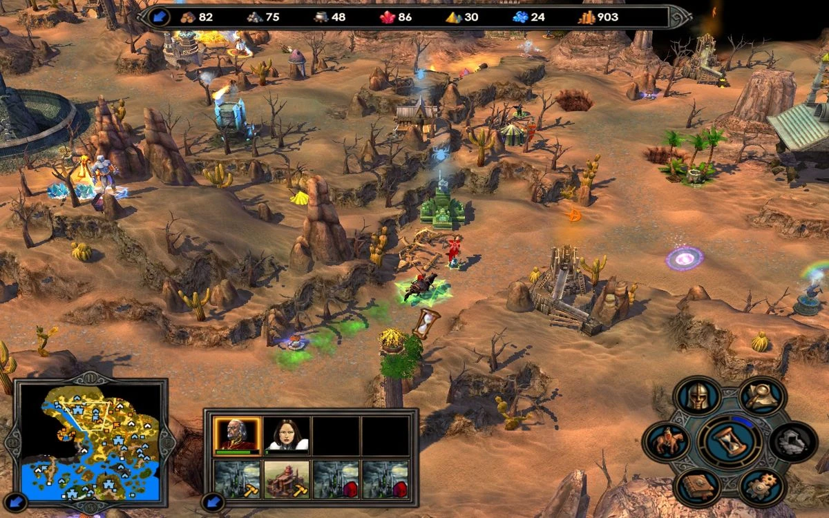 Игровой процесс Heroes of Might and Magic V с пустынным ландшафтом, героями, ресурсами и интерфейсом карты