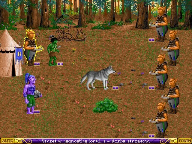 Pantalla de combate por turnos mostrando lobos, orcos y otras unidades fantásticas en un campo bosque de Heroes of Might and Magic 1995