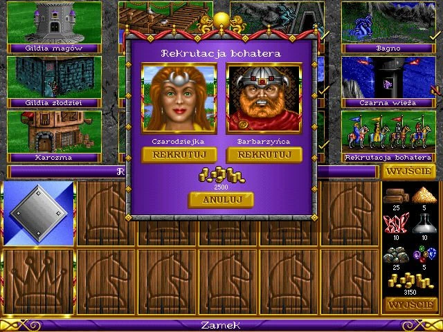 En el menú del juego se muestran opciones de reclutamiento de héroes: maga y bárbaro con costo en oro en Heroes of Might and Magic 1995