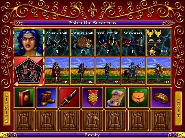 Pantalla de estado del héroe Astra la Hechicera mostrando ataque, defensa, poder de hechizos, conocimiento y tropas