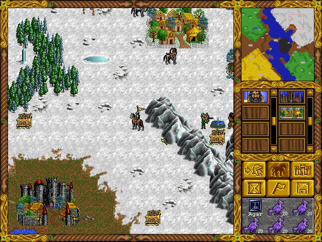 Captura de pantalla de Heroes of Might and Magic 1995 con mapa nevado, pueblos, personajes a caballo, montañas y bosques