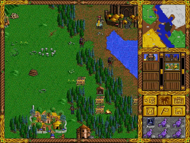 Captura de pantalla mostrando terreno verde con héroes, castillos y un río en Heroes of Might and Magic 1995