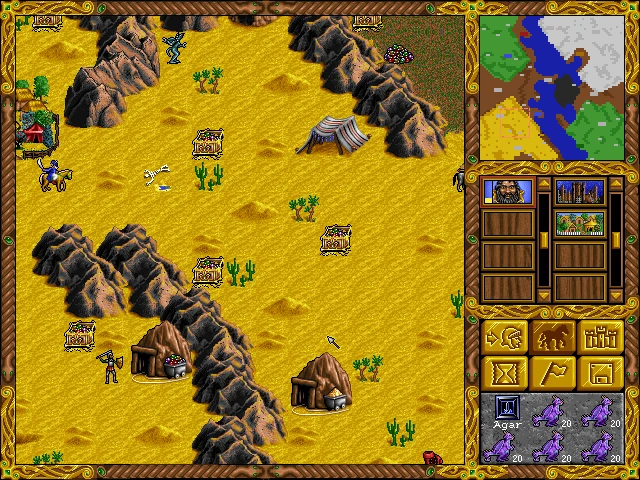 Mapa de terreno desértico con montañas, tiendas, minas de recursos y un personaje en Heroes of Might and Magic: A Strategic Quest