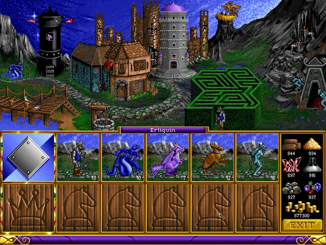 Pantalla de juego de Heroes of Might and Magic mostrando el ejército del héroe, edificios de la ciudad y recursos