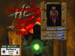 Hexen 1995 Bildschirm mit Auswahlmenü für Klasse, Kämpfer-Werten und Charakterbild