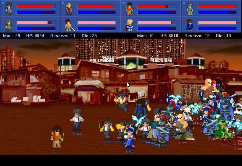 Mehrere Charaktere kämpfen in einer belebten städtischen Umgebung in der Spieloberfläche von Little Fighter 2 mit Gesundheitsbalken und Statistiken
