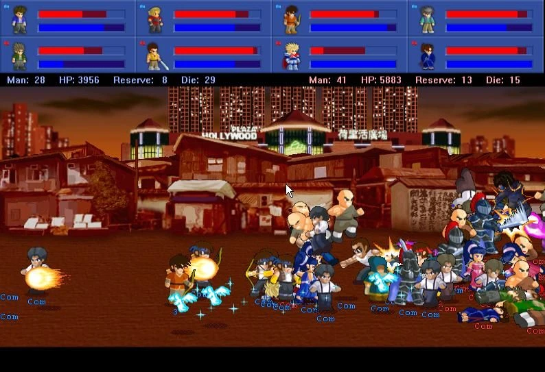 Screenshot einer chaotischen Mehrspieler-Kampfszene mit Charakteren, die Feuer- und Energieangriffe in Little Fighter 2 einsetzen