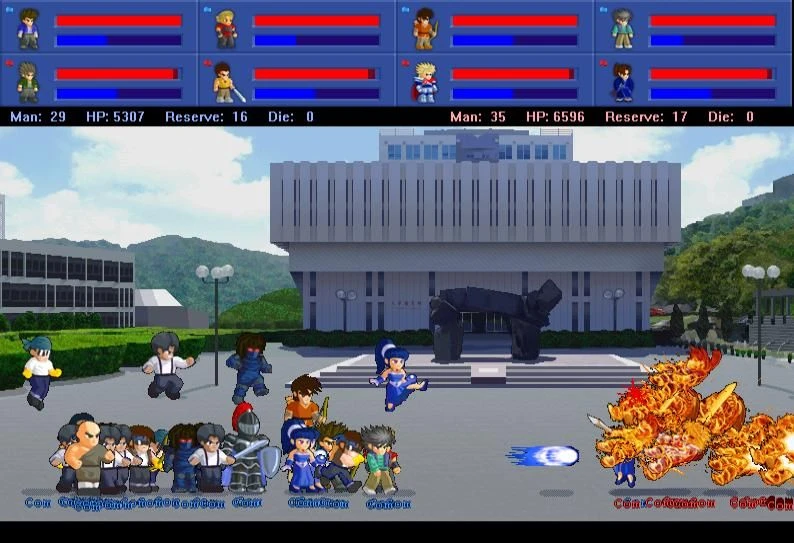 Screenshot von Little Fighter 2 mit einer großen Gruppe von Charakteren, die vor einem modernen Gebäude kämpfen, mit sichtbaren Gesundheitsbalken