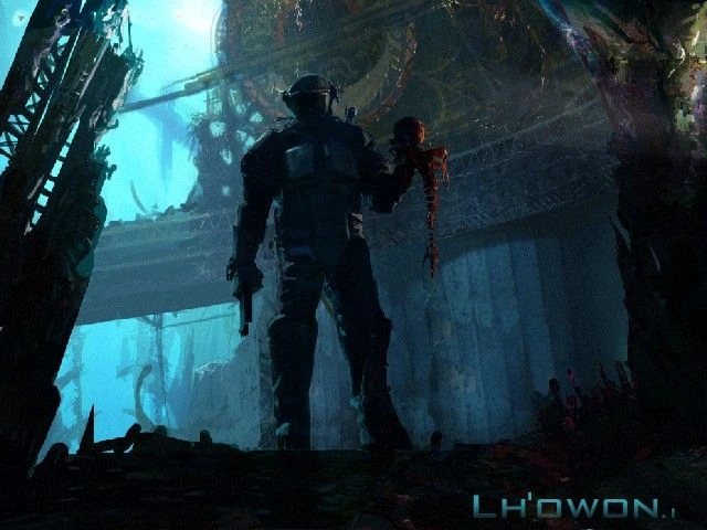 Silhouette eines bewaffneten Soldaten, der einen blutigen, abgetrennten Kopf in einer dunklen, unheilvollen Sci-Fi-Umgebung in Marathon 2 Durandal hält
