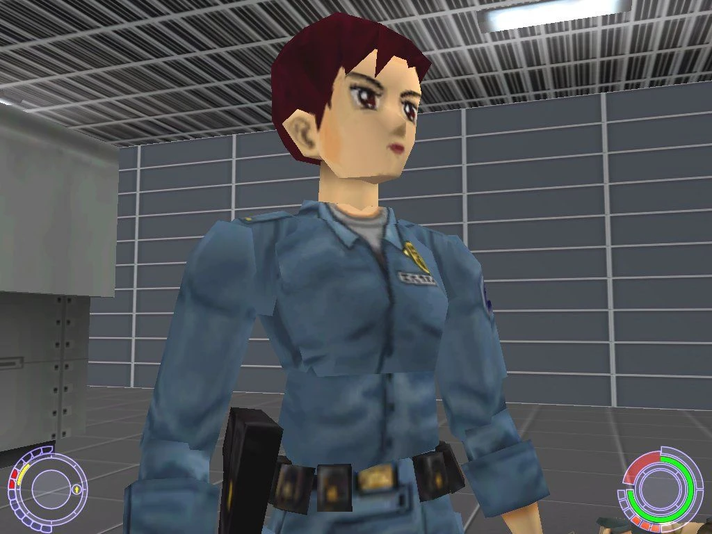 Primer plano de personaje oficial de policía femenino con uniforme azul en entorno futurista interior con HUD del juego