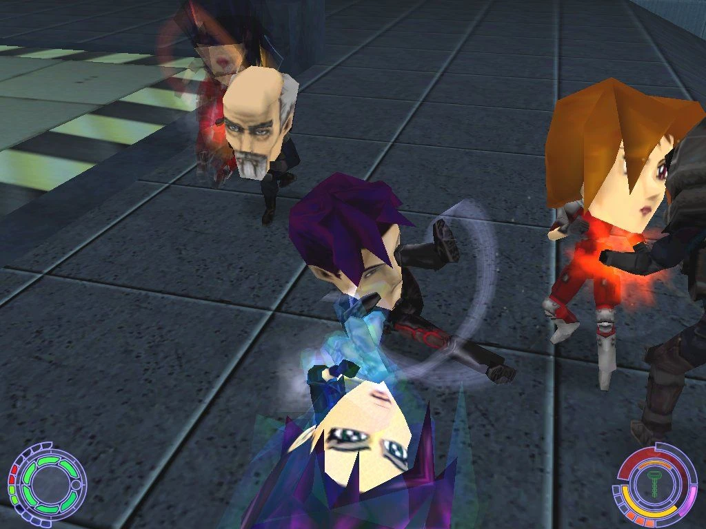 El juego Oni 2001 muestra personajes con cabezas estilizadas grandes peleando en un suelo de baldosas en interiores