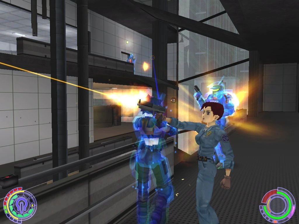 Personaje femenino con uniforme azul luchando contra enemigos blindados en edificio industrial futurista en Oni