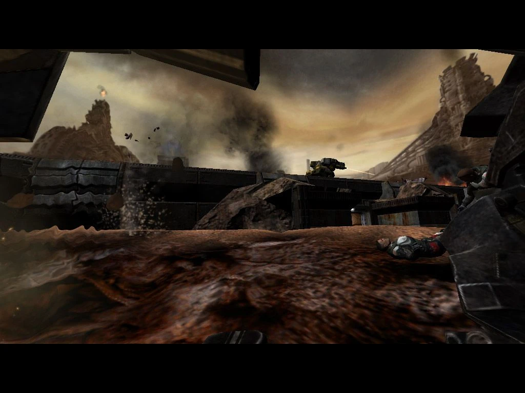 Un paisaje devastado por la guerra en Quake 4 muestra soldados entre explosiones y escombros bajo un cielo humeante
