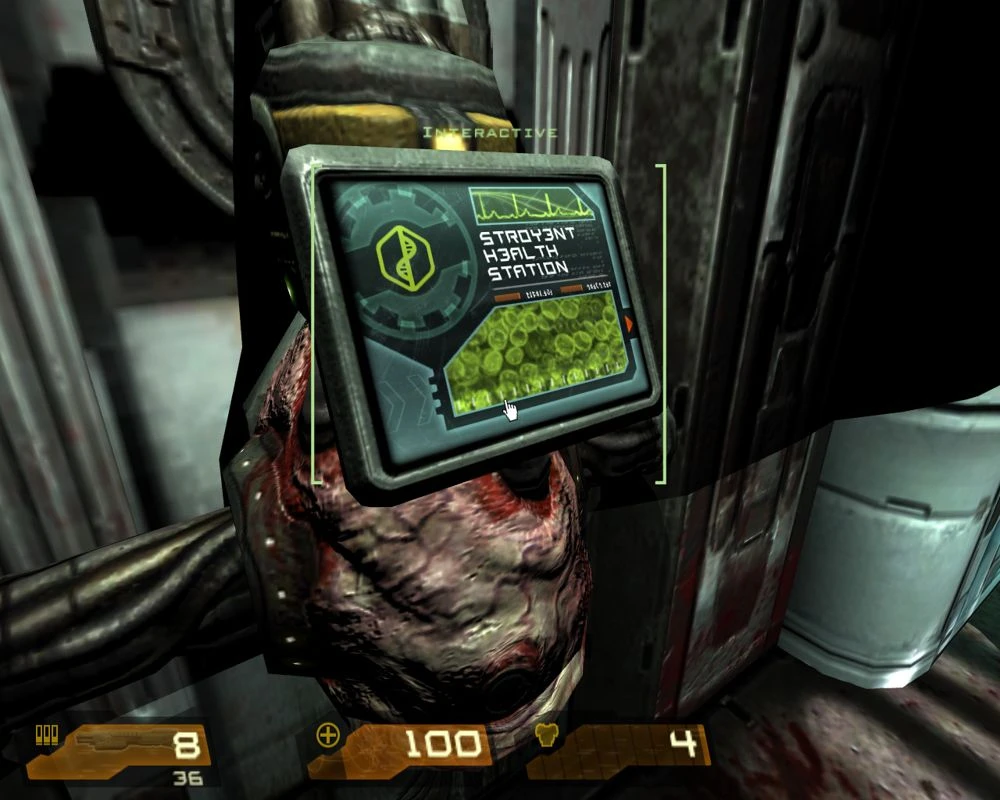 Captura del juego Quake 4 mostrando una interfaz interactiva detallada de la estación de salud STR3Y3NT