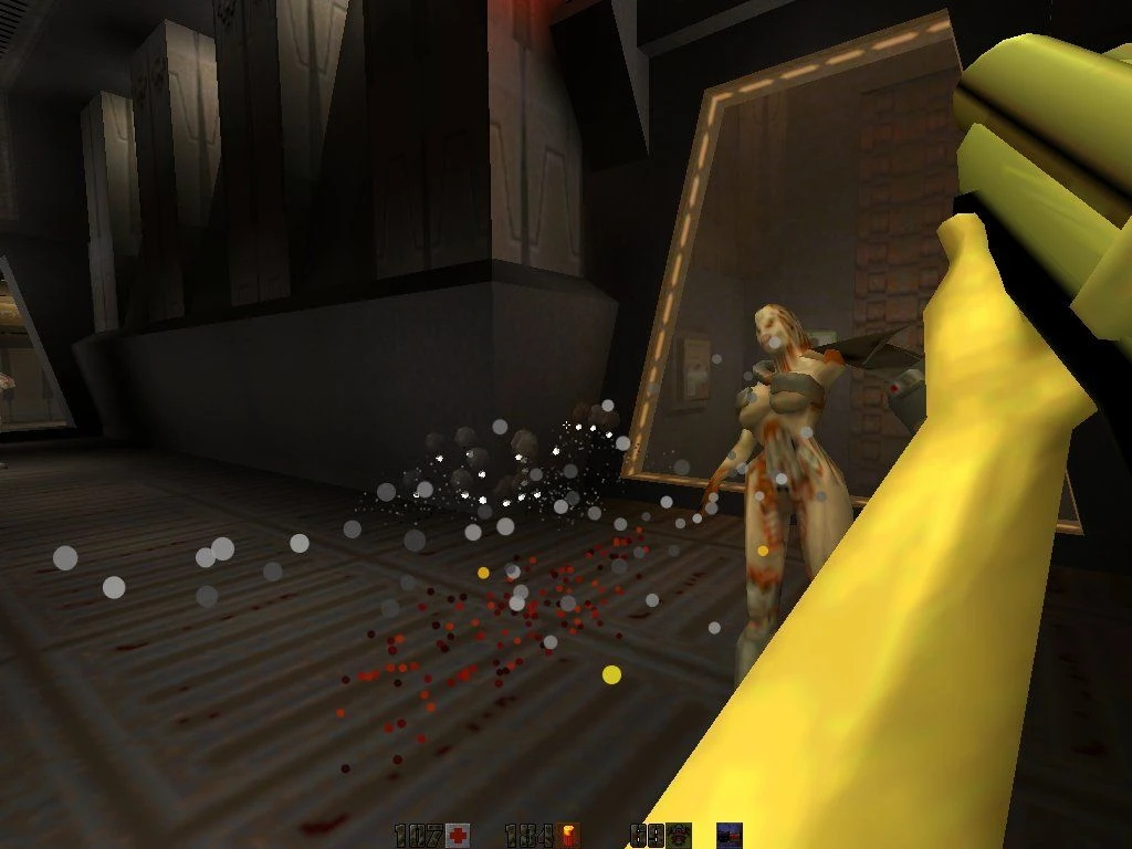 Widok z pierwszej osoby strzelający do wroga podobnego do zombie z strzelby w Quake II 1997
