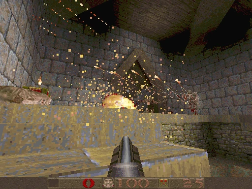 Vista en primera persona disparando escopeta a enemigos dentro de una fortaleza de piedra en Quake 1996