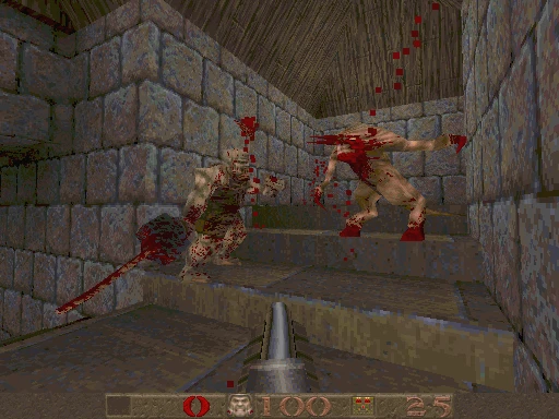 Jugador dispara a dos monstruos grotescos ensangrentados en escalera de piedra dentro de un pasillo medieval en Quake 1996