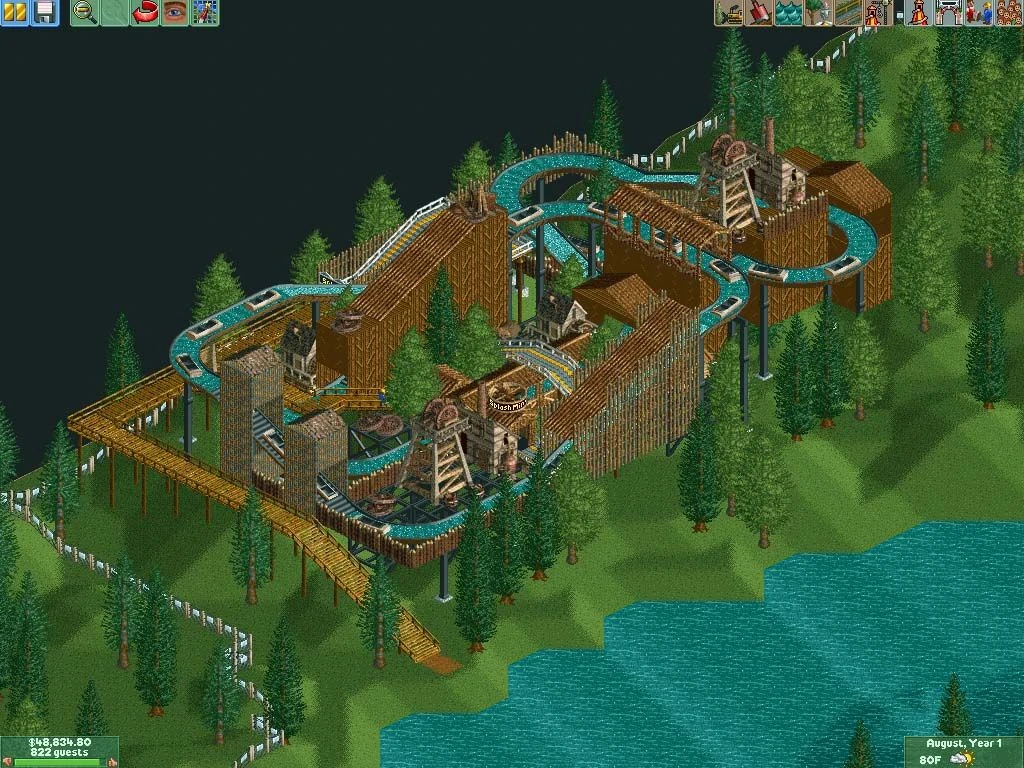 Vista isométrica de una atracción de balsa de troncos con edificios de madera y agua azul junto a un lago en RollerCoaster Tycoon 2