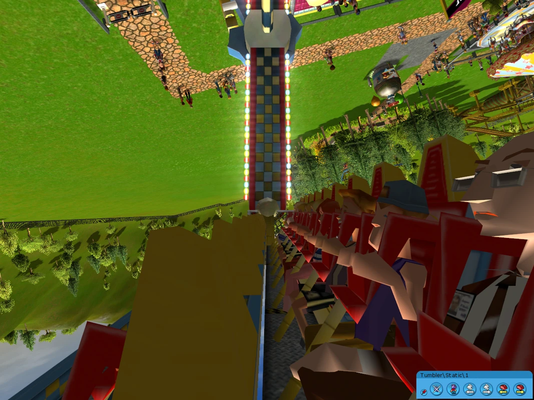 Погляд від першої особи на пасажирів крутого спуску в RollerCoaster Tycoon 3
