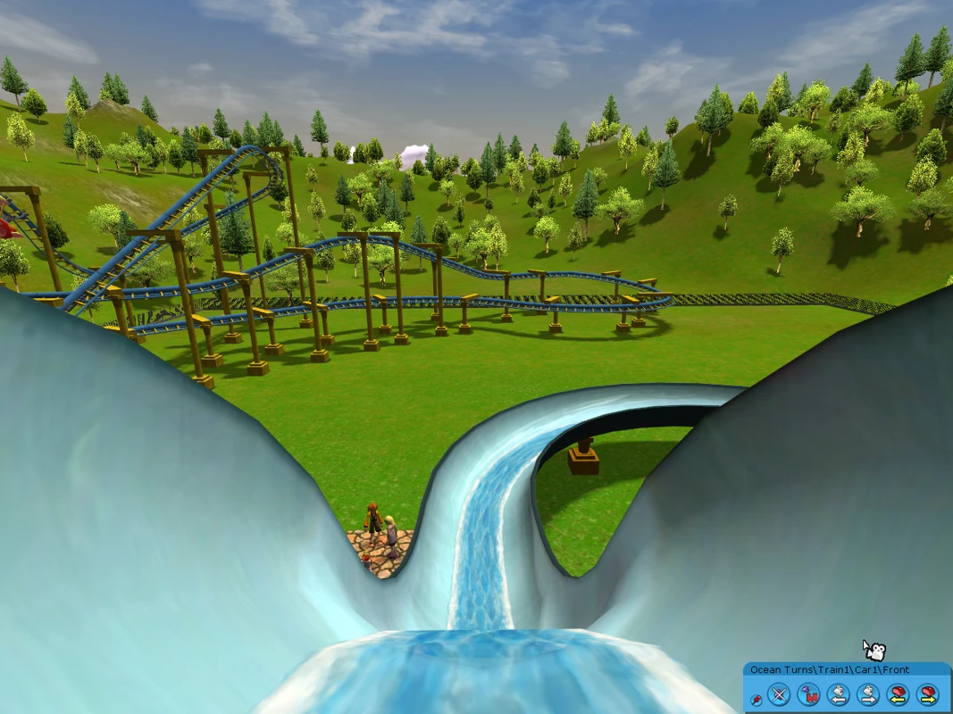 Вид із водної гірки на синій американський гірку на зелених пагорбах у RollerCoaster Tycoon 3