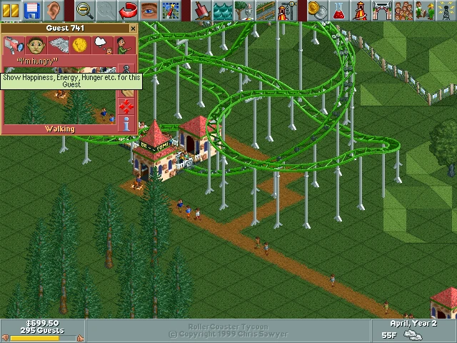 Zrzut ekranu z RollerCoaster Tycoon pokazujący zielony tor kolejki i okno informacji o gościu z poziomem głodu