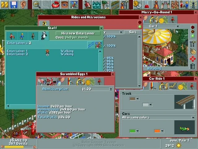 Zrzut ekranu RollerCoaster Tycoon pokazujący okna zatrudniania personelu, zysków i konfiguracji atrakcji