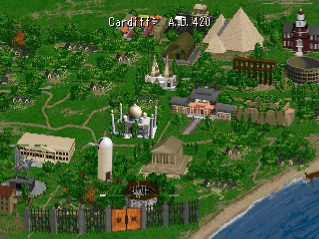 Captura de pantalla de Civilization II mostrando la ciudad de Cardiff en el año 420 d.C. con maravillas mundiales como el Taj Mahal y pirámides