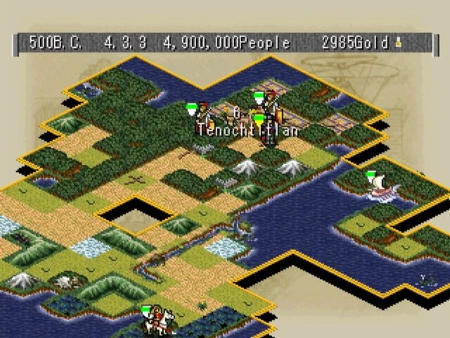 Pantalla de Civilization II mostrando baldosas isométricas de ciudad con unidades cerca de Tenochtitlan y distintas características del terreno