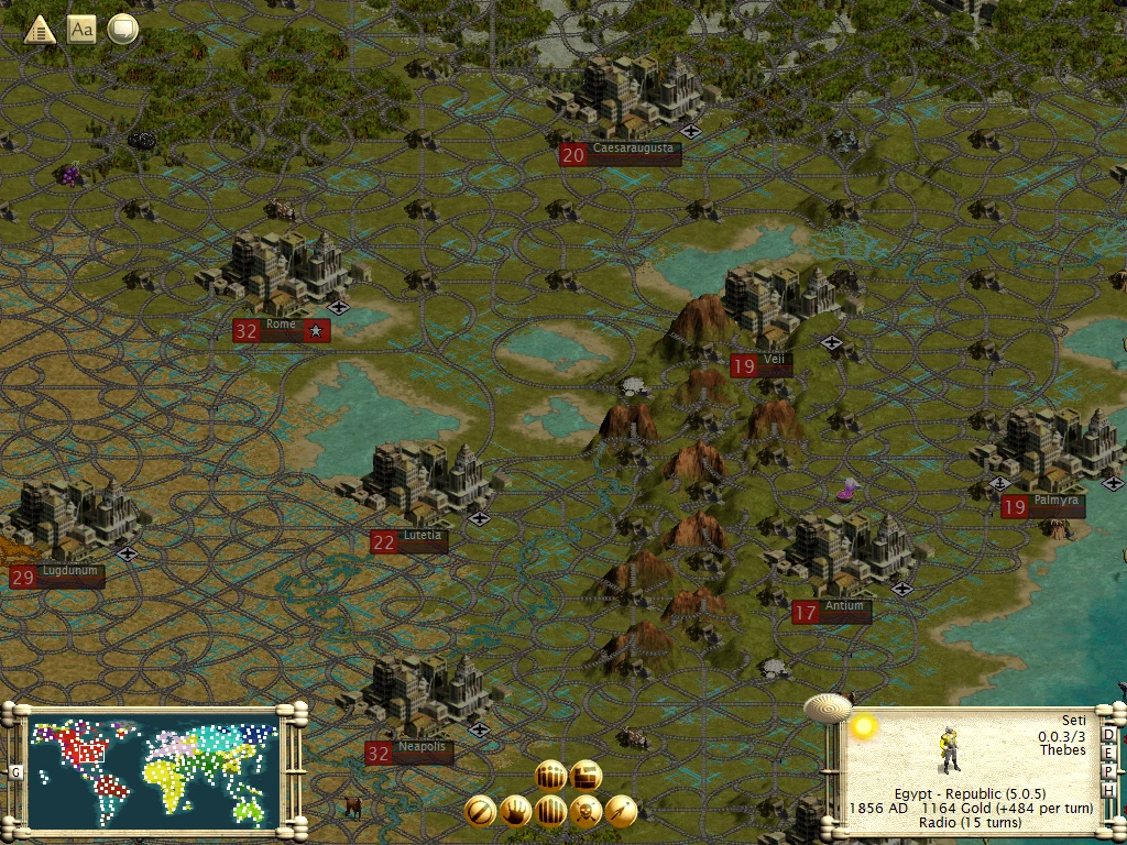 Captura de pantalla del juego con varias ciudades conectadas por vías férreas en Civilization III, año 1856 d.C.