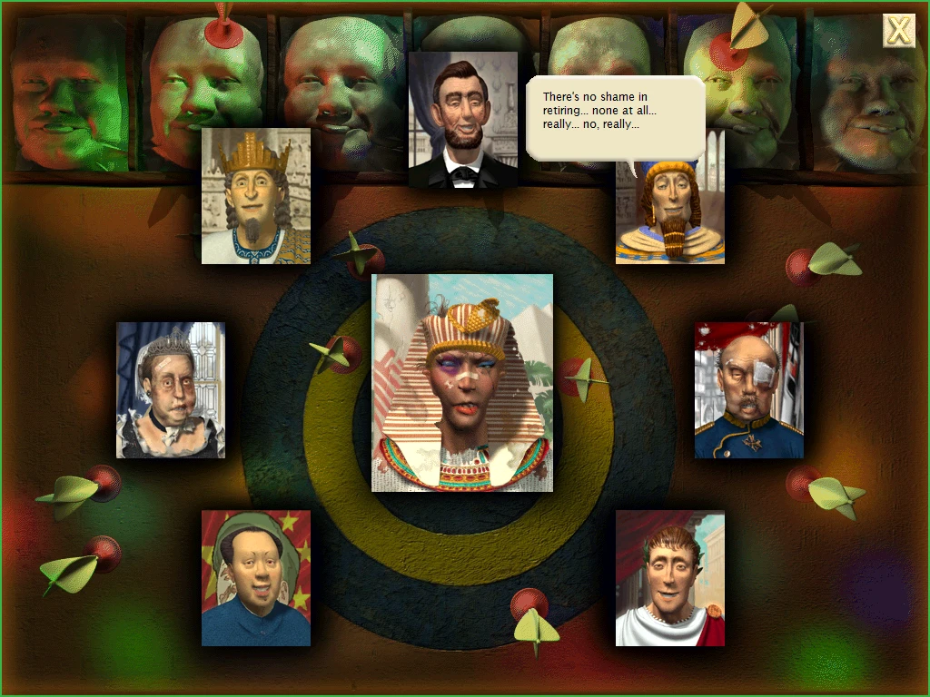 Captura de Sid Meier's Civilization III mostrando líderes históricos animados en un tablero de dardos con diálogo de texto