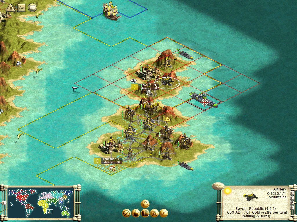 Juego de Civilization III mostrando una isla costera con unidades de artillería, edificios y barcos navales