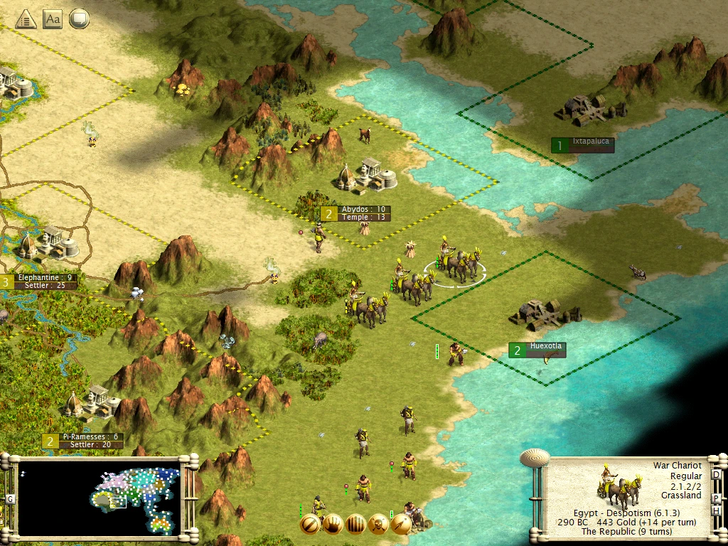 Vista del mapa con ciudades, unidades incluyendo carros de guerra y terreno en Sid Meier's Civilization III
