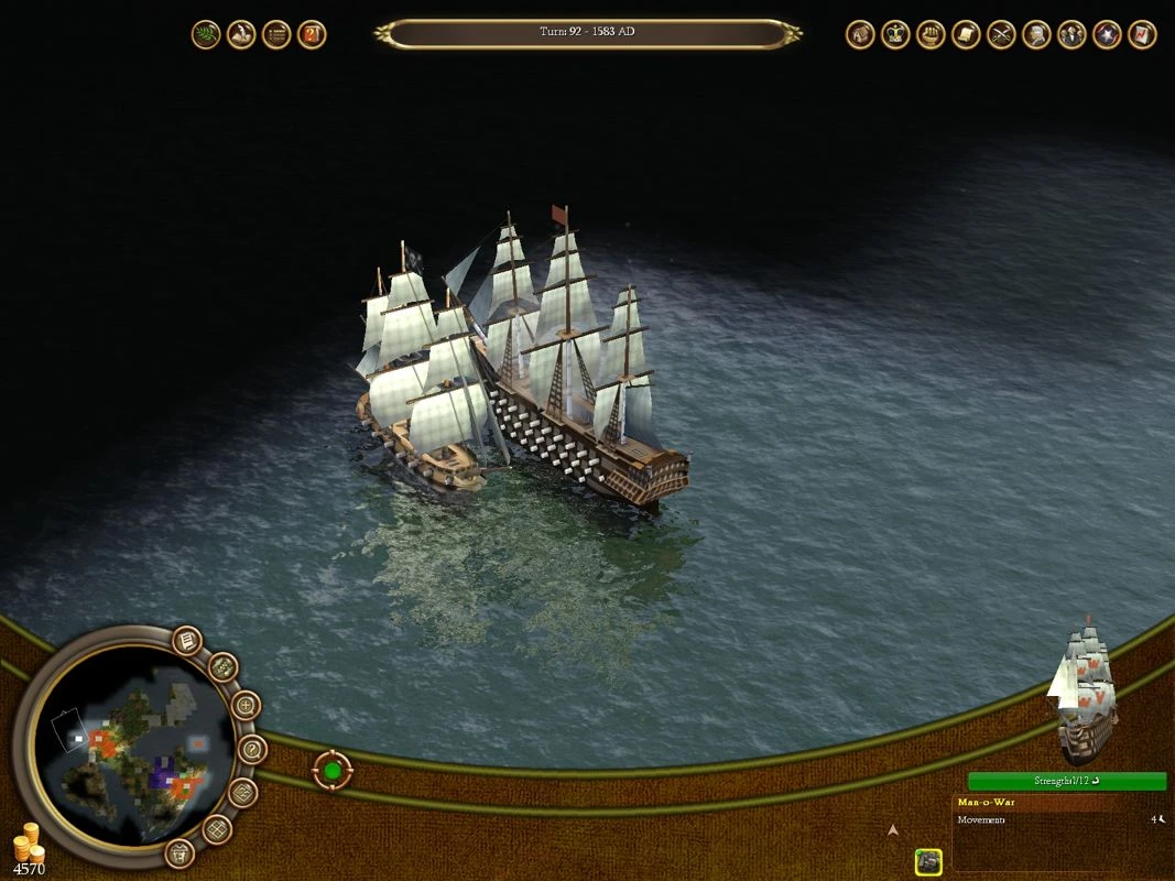 Dwa duże żaglowce na oceanie w interfejsie gry Sid Meier's Colonization 2008