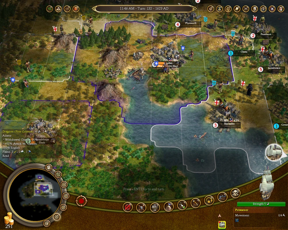Zrzut ekranu z rozgrywki pokazujący miasta kolonialne, teren nadbrzeżny, jednostki i interfejs w Civilization IV Colonization