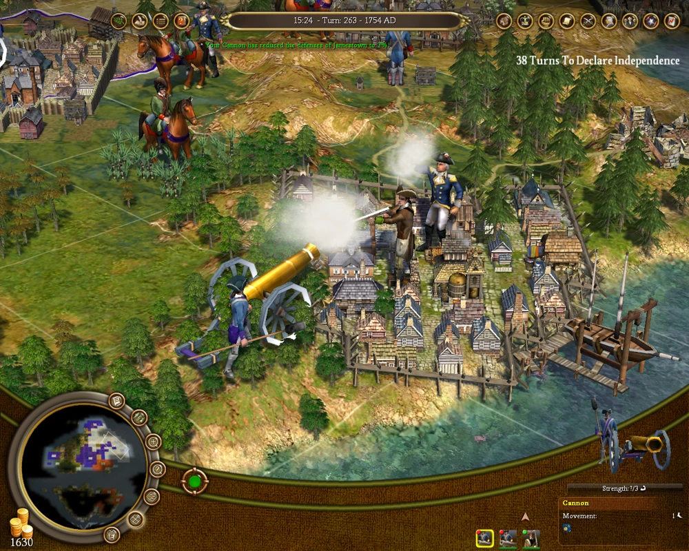 Zrzut ekranu z gry pokazujący żołnierzy strzelających z armat i muszkietów do kolonialnego miasta nad wodą w Civilization IV Colonization